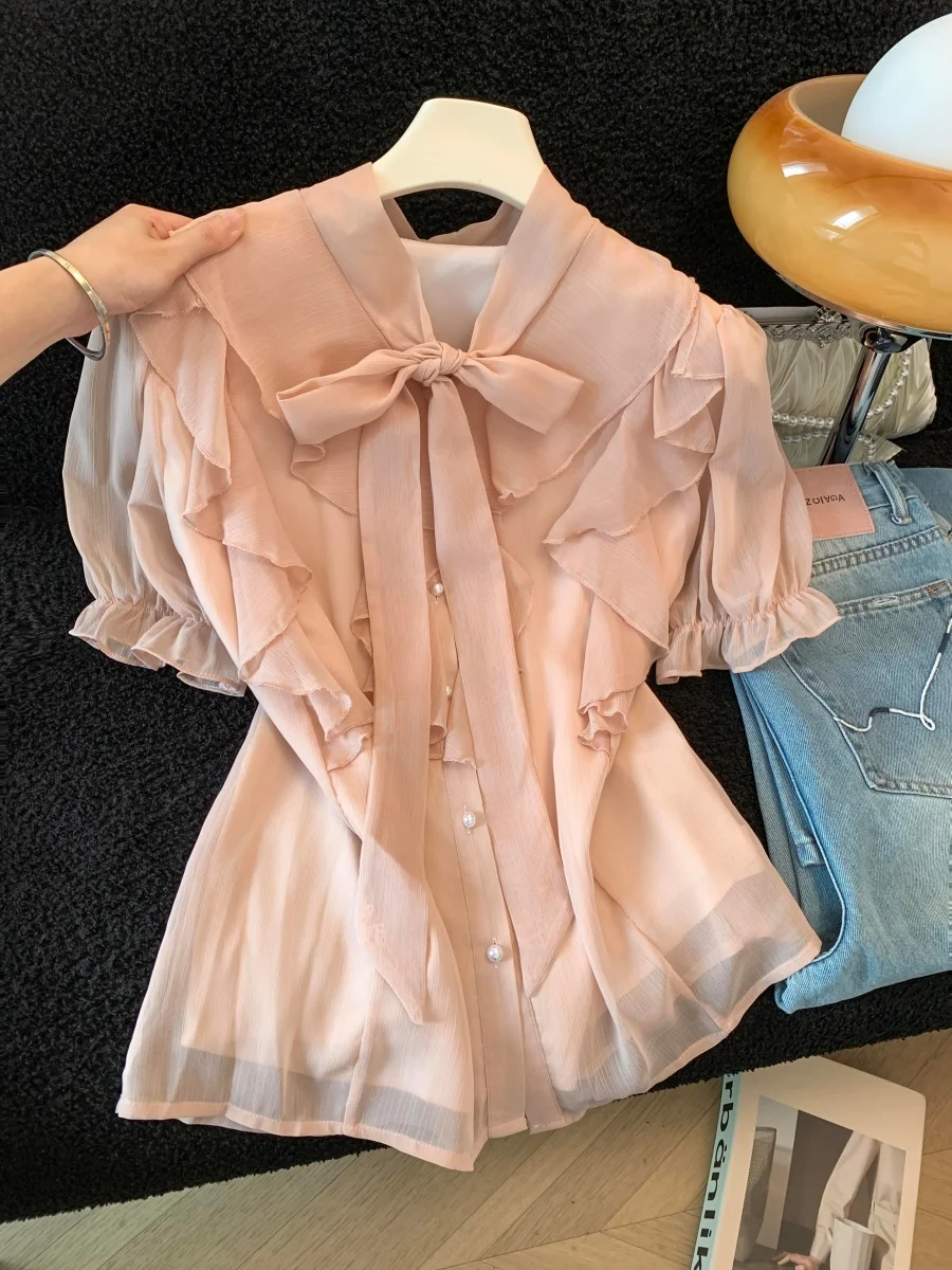 Pink Bubble Sleeve Chiffon Shirt Women's Summer New Unique Beautiful Single Button Knot Tie Top Elegant Fashionable
Pink Bubble Sleeve Chiffon Shirt Women's Summer New Unique Beautiful Single Button Knot Tie Top Elegant Fashionable