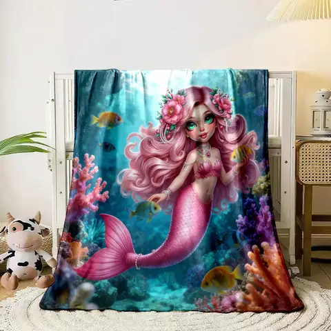 Beautiful Mermaid Pink Printing Blanket Flannel Soft Comfort Home Travel Blanket Kids Warm Blanket Picnic Multi-Size Selection