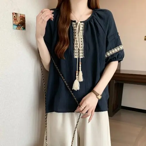 Ethnic Style Short Sleeve Shirt New Summer Model Round Neck with Tie Literary and Retro Loose Top
Ethnic Style Short Sleeve Shirt New Summer Model Round Neck with Tie Literary and Retro Loose Top