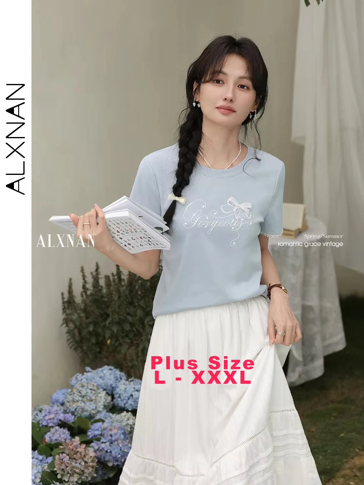 ALXNAN Plus Size Light Blue Women's T-shirt 2025 Summer Short Sleeve T-shirt Lace Bow Pearl Design Elegant Cotton Tops D09969
ALXNAN Plus Size Light Blue Women's T-shirt 2025 Summer Short Sleeve T-shirt Lace Bow Pearl Design Elegant Cotton Tops D09969