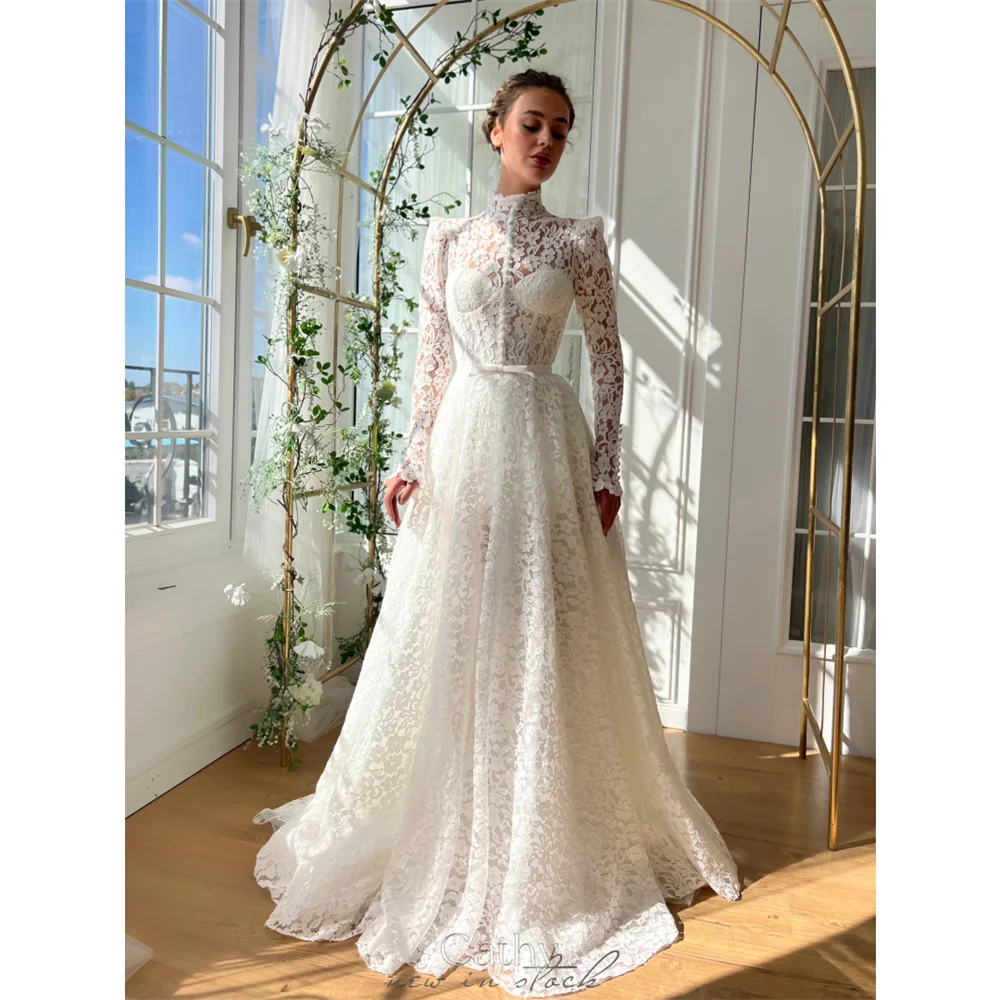 Cathy White High Neck Lace Appliques Wedding Dress A-line Floor-length vestidos de noiva Long Sleeves Zip Back Customized Formal
Cathy White High Neck Lace Appliques Wedding Dress A-line Floor-length vestidos de noiva Long Sleeves Zip Back Customized Formal
