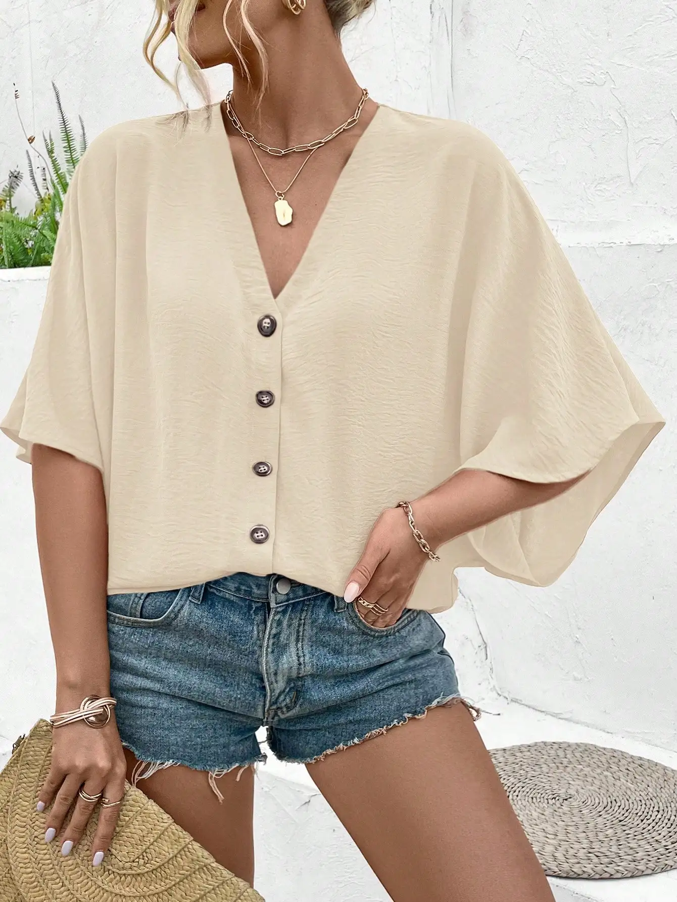 Elegant Solid Color V-Neck Batwing Sleeve Button Up Blouse For Women
Elegant Solid Color V-Neck Batwing Sleeve Button Up Blouse For Women