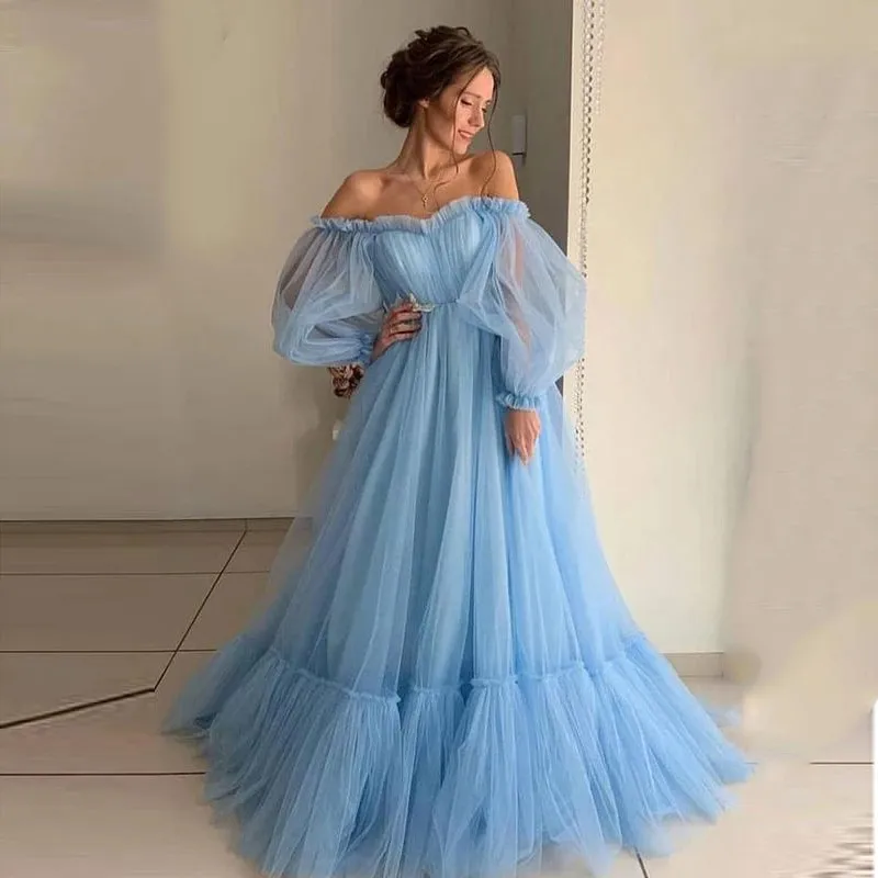 Customized Light Blue Tulle Princess Off the Shoulder Prom Dresses Elegance Long Sleeve Lace-up Formal Evening Party Dresses
Customized Light Blue Tulle Princess Off the Shoulder Prom Dresses Elegance Long Sleeve Lace-up Formal Evening Party Dresses