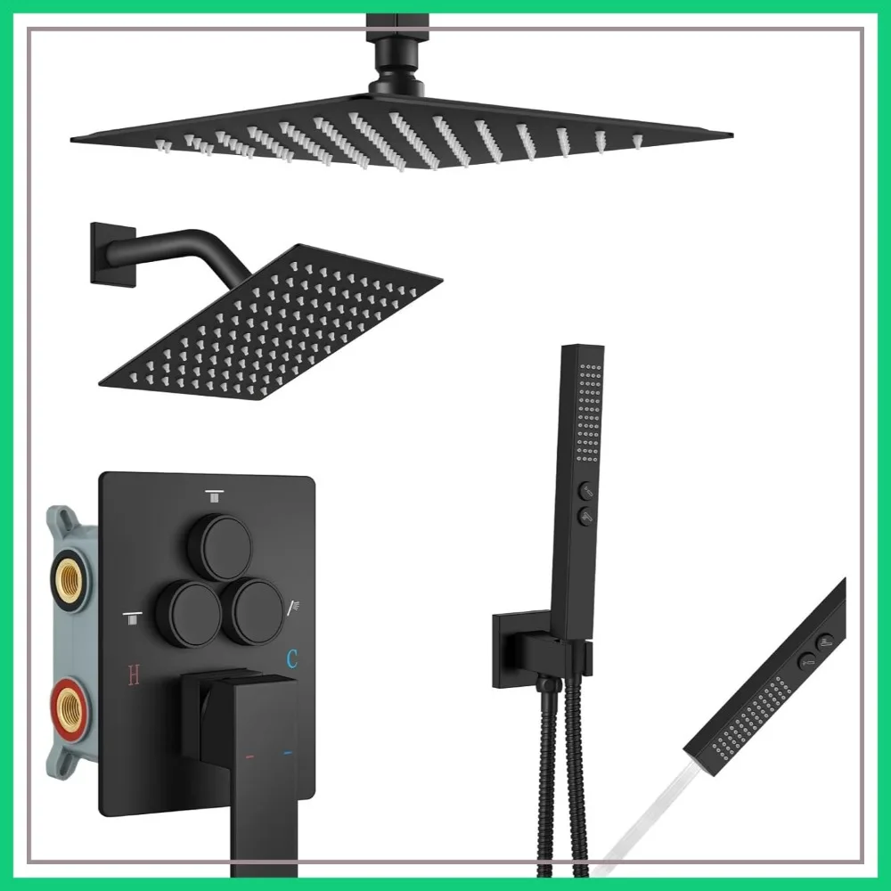 Ceiling Mount Shower System with 10 & 6 Inch Dual Rain Shower Head, 2-in-1 Handheld Spray, Push Button Diverter, Rough-in Valve & Trim Kit, Matte Black
Ceiling Mount Shower System with 10 & 6 Inch Dual Rain Shower Head, 2-in-1 Handheld Spray, Push Button Diverter, Rough-in Valve & Trim Kit, Matte Black