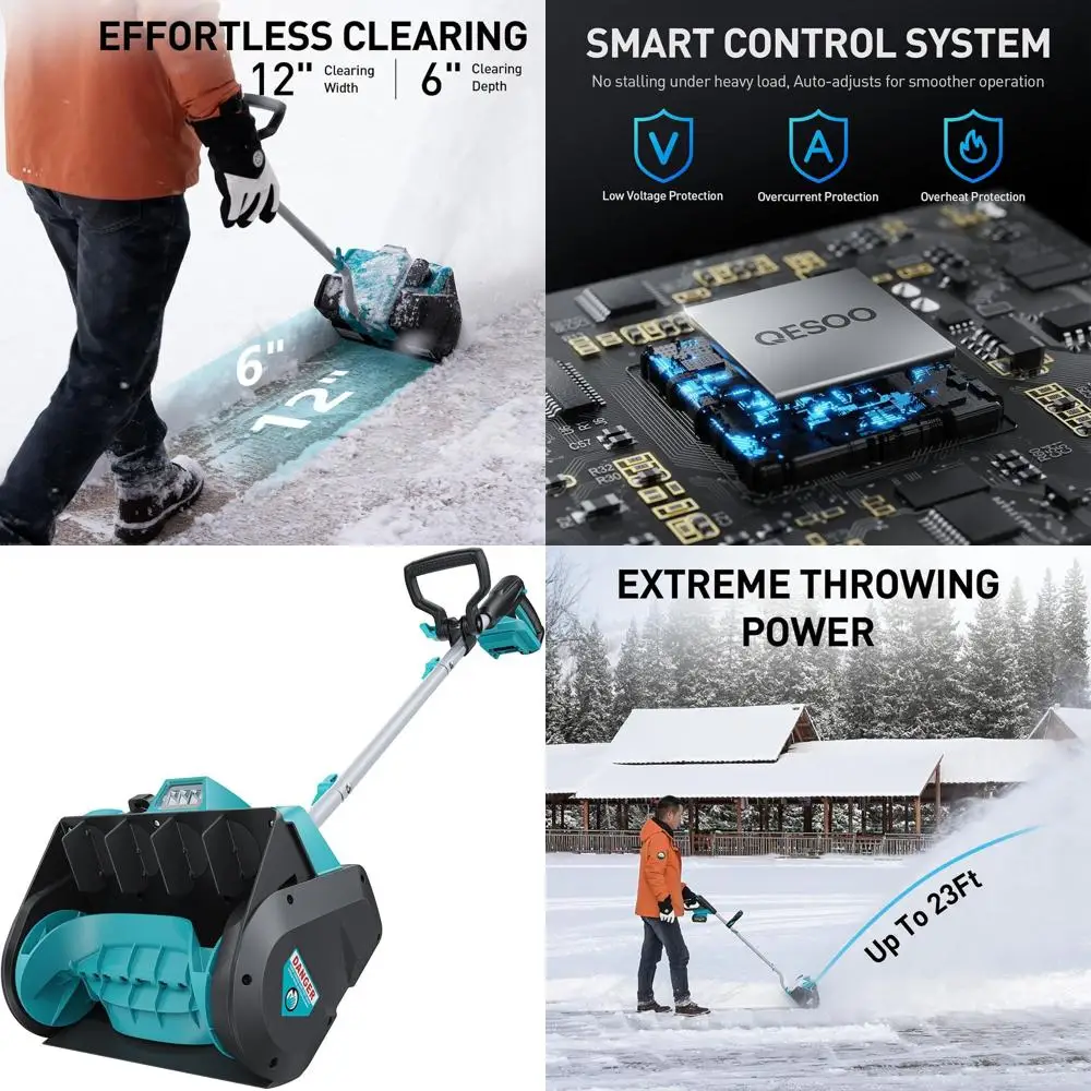 12-Inch Cordless Electric Snow Blower with 18V Battery, 23ft Throw, Adjustable Chute, LED Light
12-Inch Cordless Electric Snow Blower with 18V Battery, 23ft Throw, Adjustable Chute, LED Light