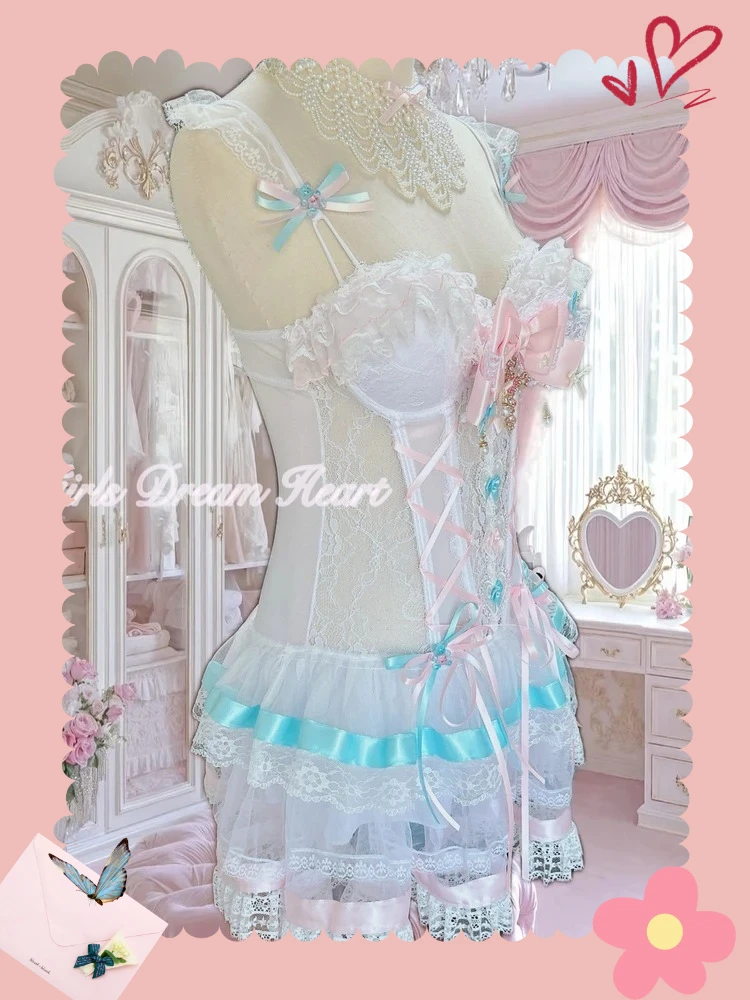 Japanese Handmade Sweet Ribbon Lace Mesh Dress Summer New High-waisted Slim-fitting Fishbone Bra Short Suspender Dresses
Japanese Handmade Sweet Ribbon Lace Mesh Dress Summer New High-waisted Slim-fitting Fishbone Bra Short Suspender Dresses