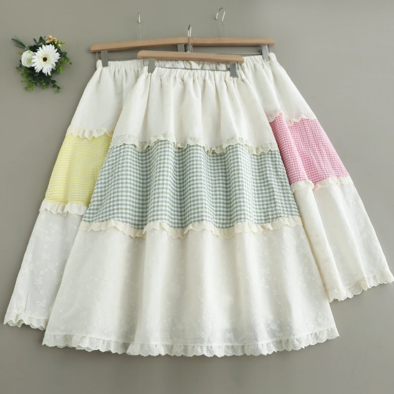 Japanese Sweet Mori Girl Vintage Plaid Embroidery Patchwork Skirts Women Summer Elastic Waist Casual Loose A-Line Midi Skirts
Japanese Sweet Mori Girl Vintage Plaid Embroidery Patchwork Skirts Women Summer Elastic Waist Casual Loose A-Line Midi Skirts