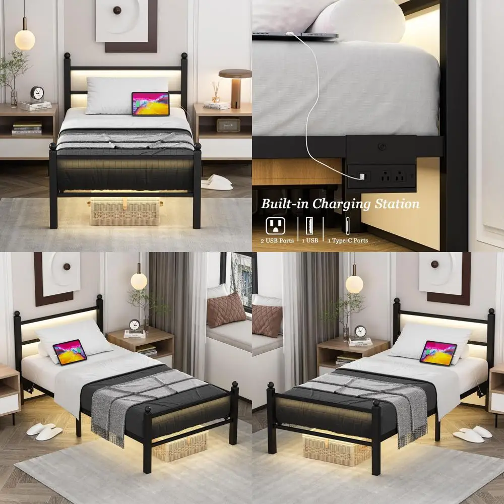 Twin Metal Bed Frame with Charging & LED Lights, Headboard, Footboard, Slats, No Box Spring, Quiet, Easy Setup, Black
Twin Metal Bed Frame with Charging & LED Lights, Headboard, Footboard, Slats, No Box Spring, Quiet, Easy Setup, Black