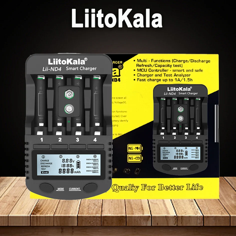 LiitoKala Lii-ND4 Lii-NL4 NiMH/Cd AA AAA Зарядное устройство с ЖК-дисплеем и тестовая емкость аккумулятора для батарей 1,2 В и 9 В.
LiitoKala Lii-ND4 Lii-NL4 NiMH/Cd AA AAA Зарядное устройство с ЖК-дисплеем и тестовая емкость аккумулятора для батарей 1,2 В и 9 В.