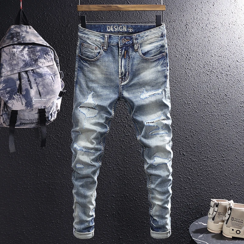 Newly Fashion Designer Men Jeans High Quality Retro Blue Elastic Slim Fit Ripped Jeans Men Patchwork Vintage Denim Pants Hombre
Newly Fashion Designer Men Jeans High Quality Retro Blue Elastic Slim Fit Ripped Jeans Men Patchwork Vintage Denim Pants Hombre