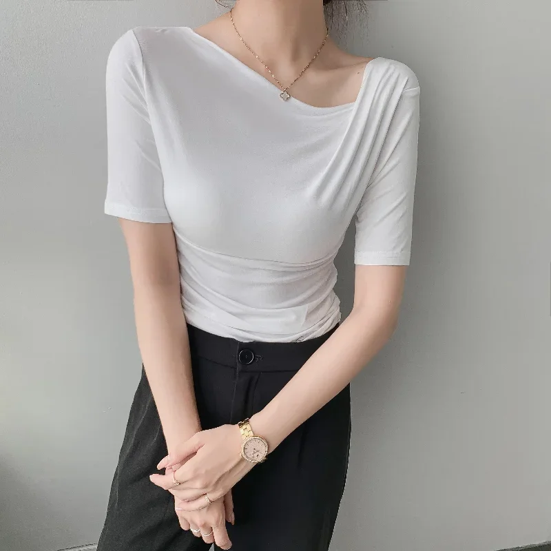 Women Basic Cotton Short Sleeve Slim Elastic T-shirts New Fashion Skew Collar Folds Tops Ladies Elegant Summer Sexy Tee Shirt
Women Basic Cotton Short Sleeve Slim Elastic T-shirts New Fashion Skew Collar Folds Tops Ladies Elegant Summer Sexy Tee Shirt