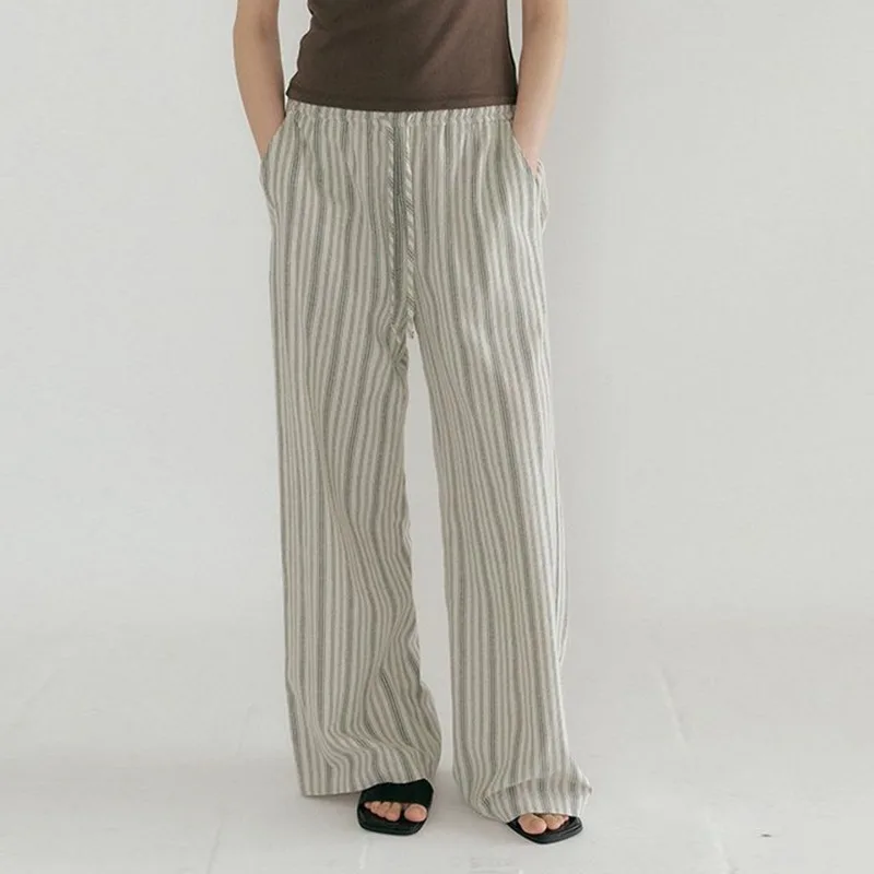 Casual Cotton-Linen Women's Striped Trousers Summer Loose Straight Leg Pants Comfortable Drawstring Elastic Waist Ladies Pants
Casual Cotton-Linen Women's Striped Trousers Summer Loose Straight Leg Pants Comfortable Drawstring Elastic Waist Ladies Pants