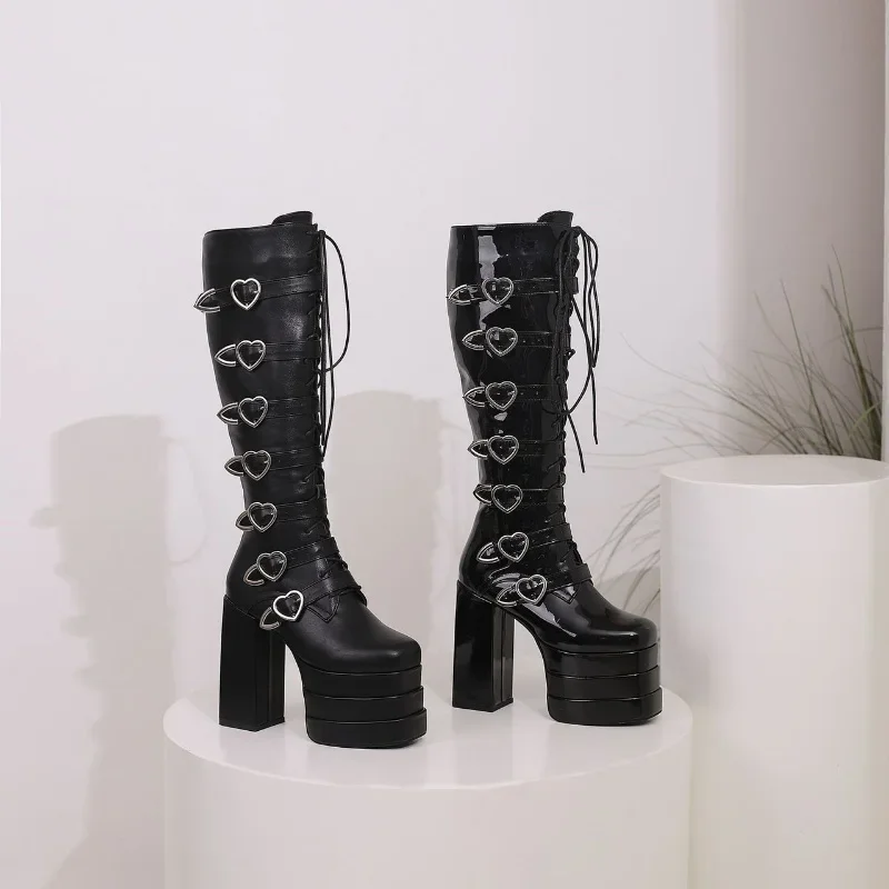 Black Square Toe Platform Women Over-the-knee High Boots Chunky Super High Heel Cross-tied Belt Buckle Heart-shaped Ladies Shoes
Black Square Toe Platform Women Over-the-knee High Boots Chunky Super High Heel Cross-tied Belt Buckle Heart-shaped Ladies Shoes