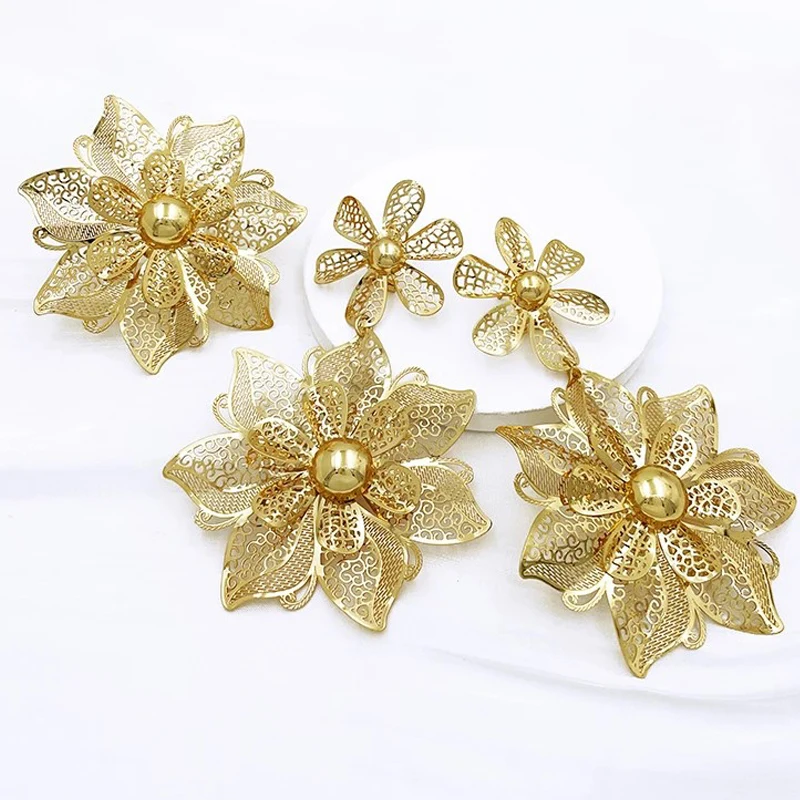 Gold Color Earrings Ring Set For Women 24K Gold Plated Luxury Dubai Jewelry Set Flower Design 2PCS
Gold Color Earrings Ring Set For Women 24K Gold Plated Luxury Dubai Jewelry Set Flower Design 2PCS