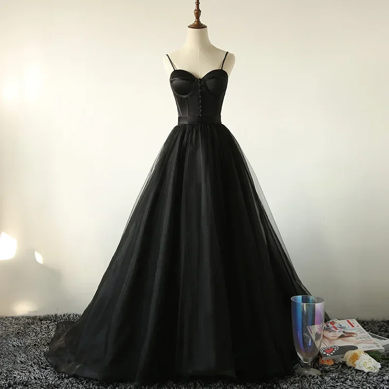 Customized Evening Dress Black Satin Tulle Buttons Spaghetti Strap A-Line Floor-Length Plus size Train Party Formal Gowns Woman
Customized Evening Dress Black Satin Tulle Buttons Spaghetti Strap A-Line Floor-Length Plus size Train Party Formal Gowns Woman