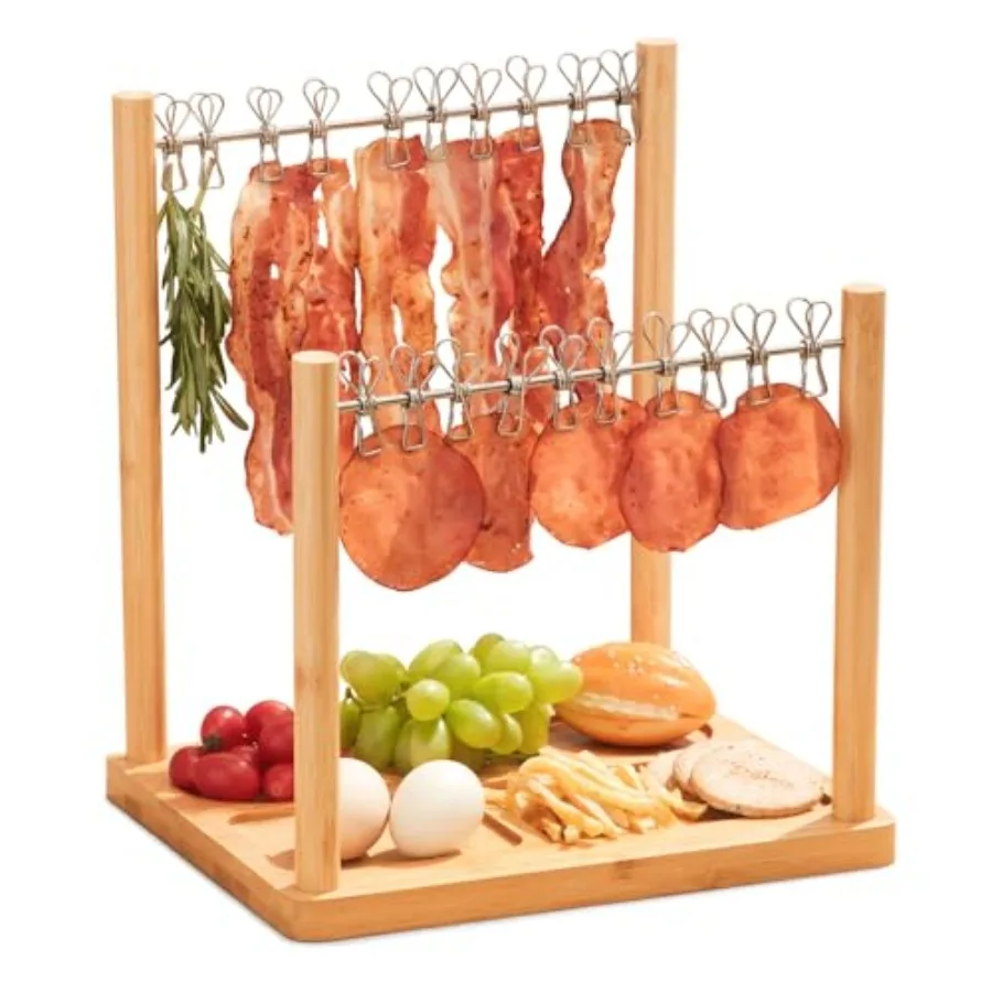 Natural Bamboo Bacon Display Rack with Clothesline Serving Tray and Extra Double Hangers Patented Design for Home Decor Housewa 
Natural Bamboo Bacon Display Rack with Clothesline Serving Tray and Extra Double Hangers Patented Design for Home Decor Housewa