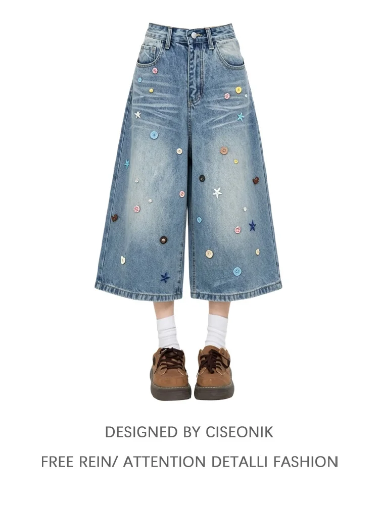 Fun Button High Waist Wide Leg Denim Jeans Women's Summer New Large Size Loose Slimming Versatile Seven-Foot Pants
Fun Button High Waist Wide Leg Denim Jeans Women's Summer New Large Size Loose Slimming Versatile Seven-Foot Pants