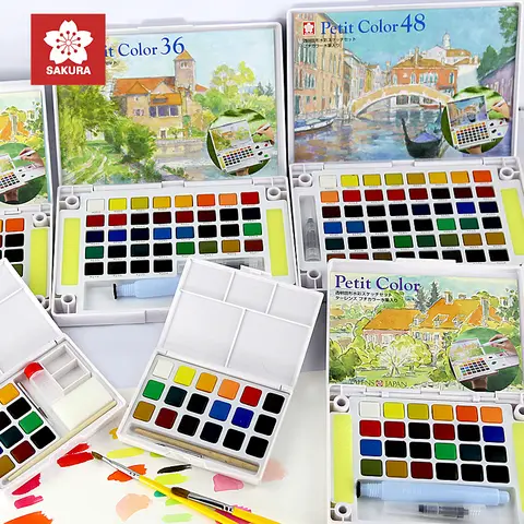 SAKURA Petit Color Solid Watercolor Paint Set Portable Sketch Set 12/18/24/30/36/60/72 Colors Student Artist Art Supplies