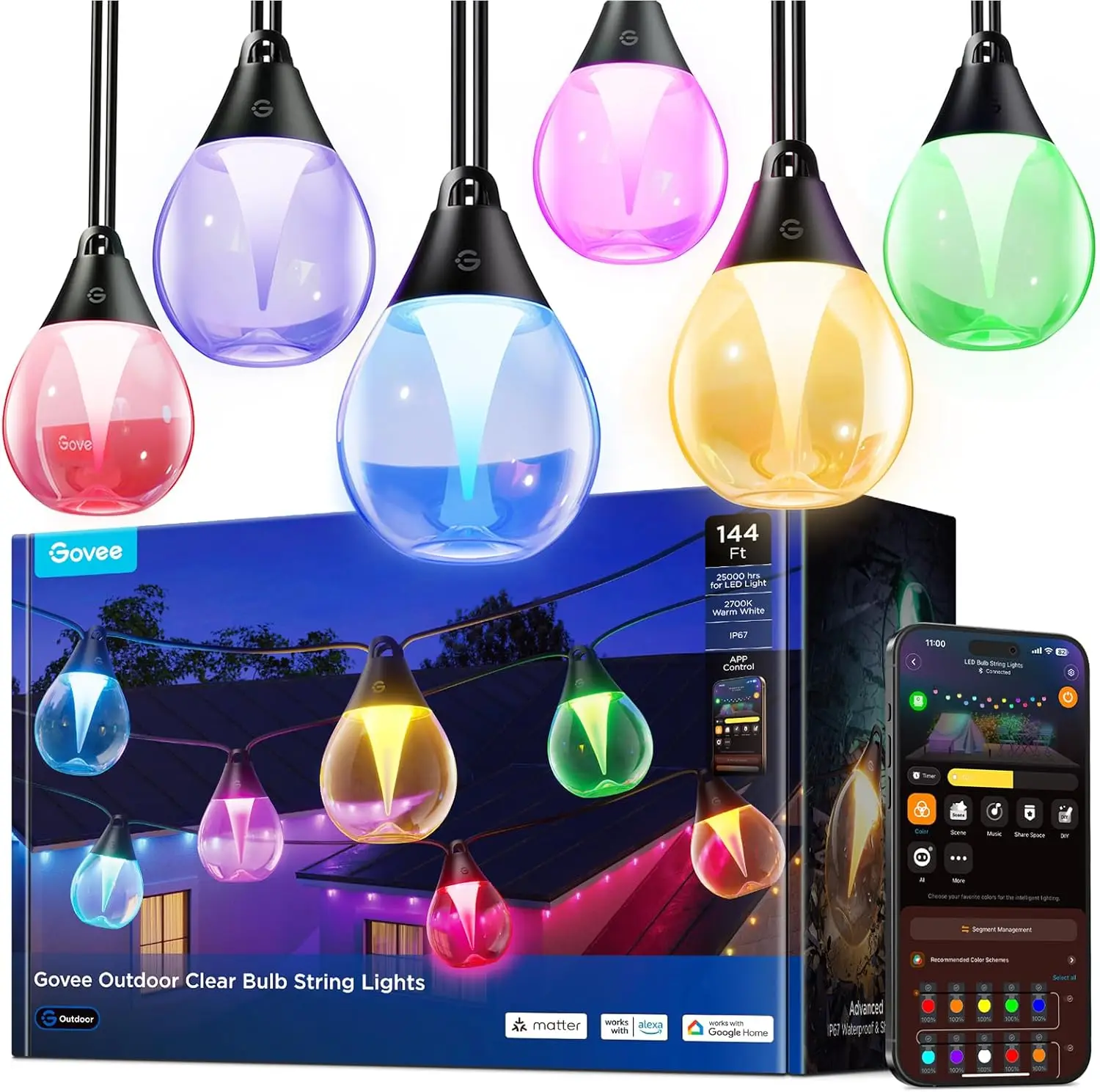 144ft Outdoor String Lights with 45 RGBWIC LED Bulbs, Smart WiFi Control, IP67 Waterproof, Works with Alexa & Google, Dimmable, Music Sync, 111 Scene Modes
144ft Outdoor String Lights with 45 RGBWIC LED Bulbs, Smart WiFi Control, IP67 Waterproof, Works with Alexa & Google, Dimmable, Music Sync, 111 Scene Modes