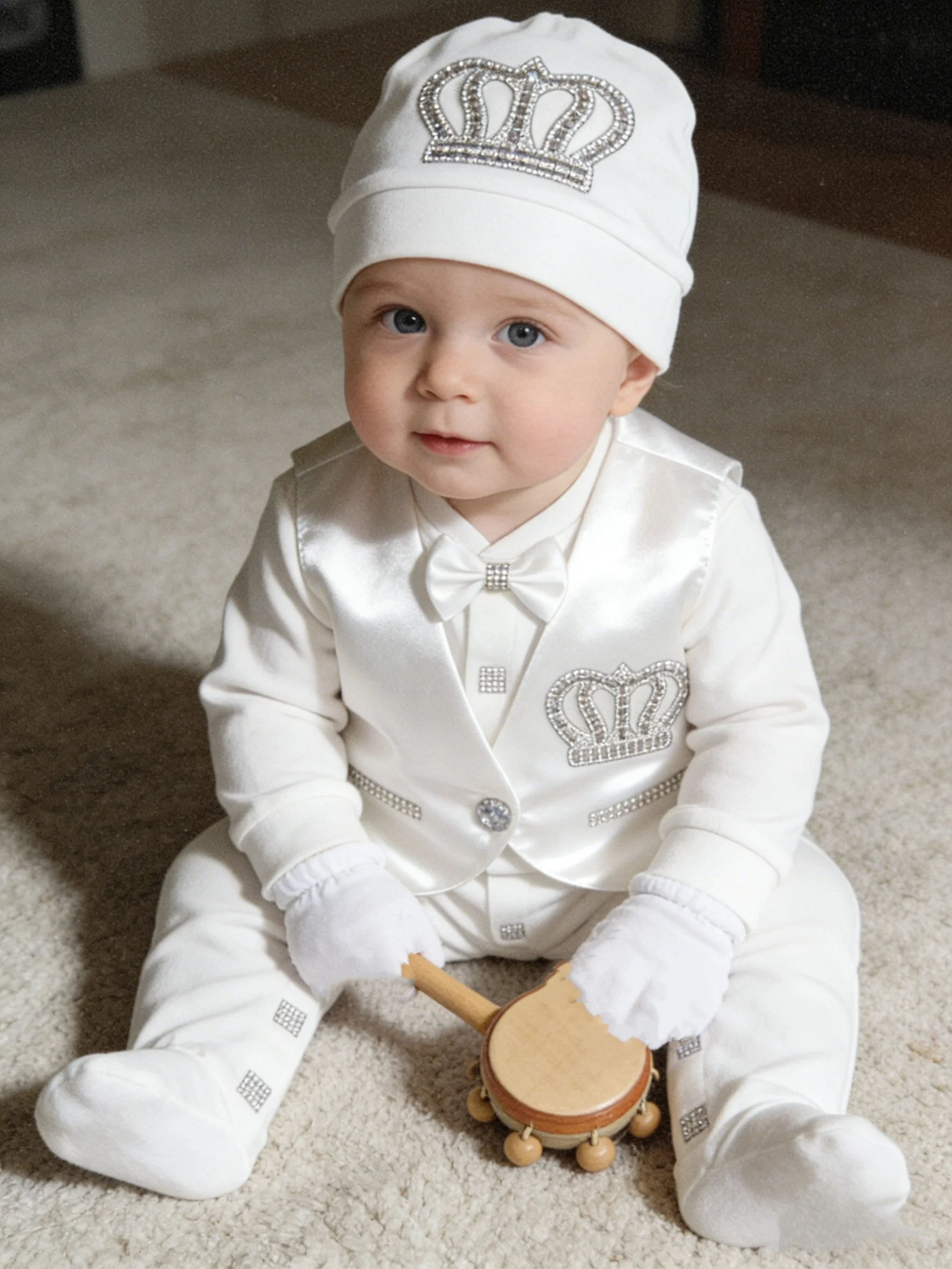 4Pcs Baby White Footed Romper Set With Rhinestone Crown Satin Vest For Baptism Photo Shoot And Special Occasions
4Pcs Baby White Footed Romper Set With Rhinestone Crown Satin Vest For Baptism Photo Shoot And Special Occasions