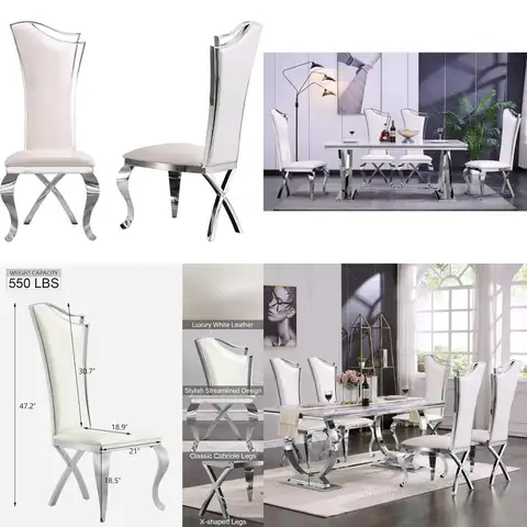 Set of 2 White Leather Dining Chairs, High Back with Silver Mirror Accents, Streamlined Design and Cabriole Legs