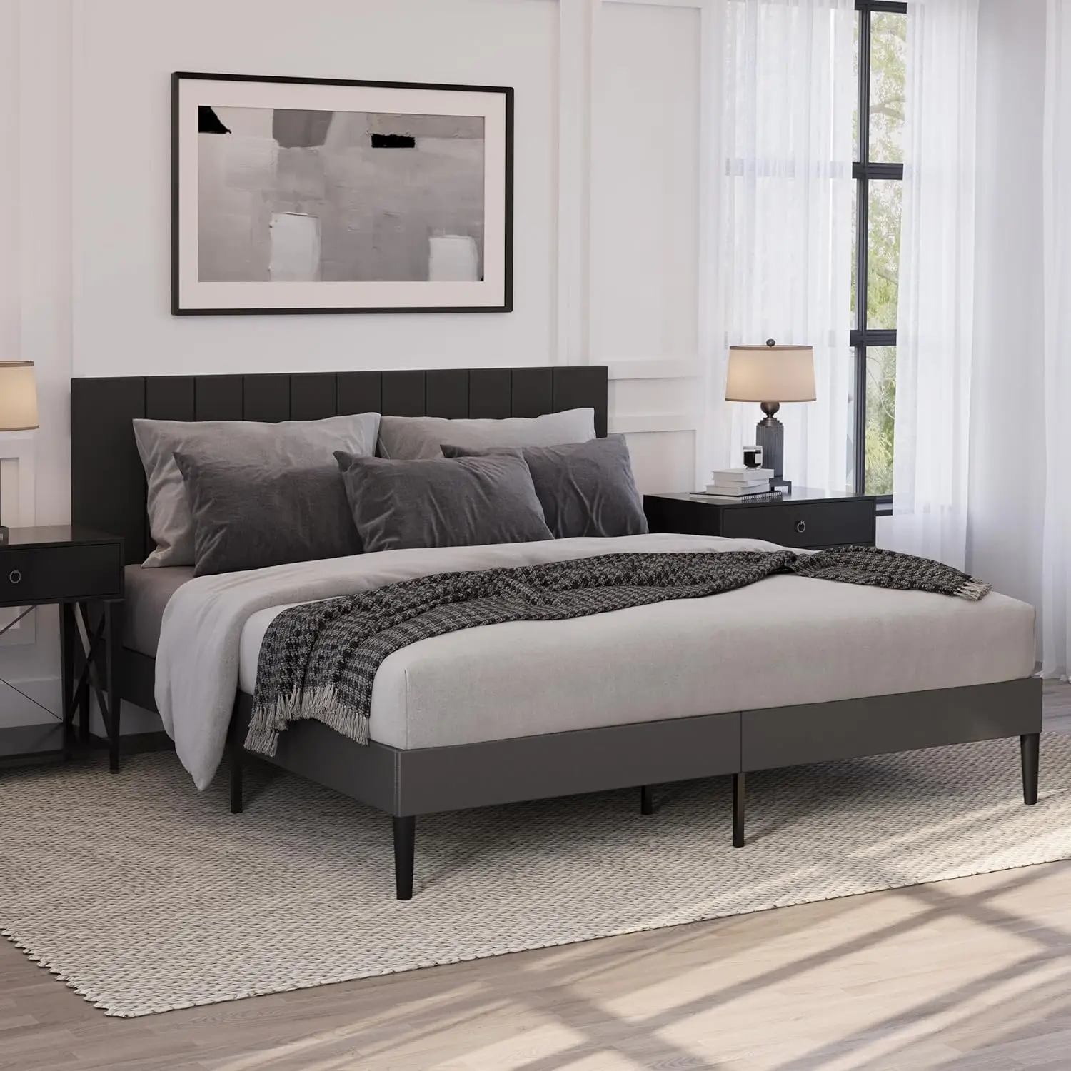 King Bed Frame, Upholstered Platform Bed Frame with Headboard, Strong Slats All Metal Support for Mattress Foundation, N
King Bed Frame, Upholstered Platform Bed Frame with Headboard, Strong Slats All Metal Support for Mattress Foundation, N