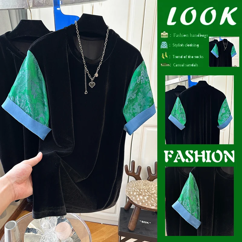 Elegant Velvet Satin Short Sleeve T-Shirt Women's Top One-Line Buckle Chinese National Style Fashionable Loose Fit round Neck
Elegant Velvet Satin Short Sleeve T-Shirt Women's Top One-Line Buckle Chinese National Style Fashionable Loose Fit round Neck