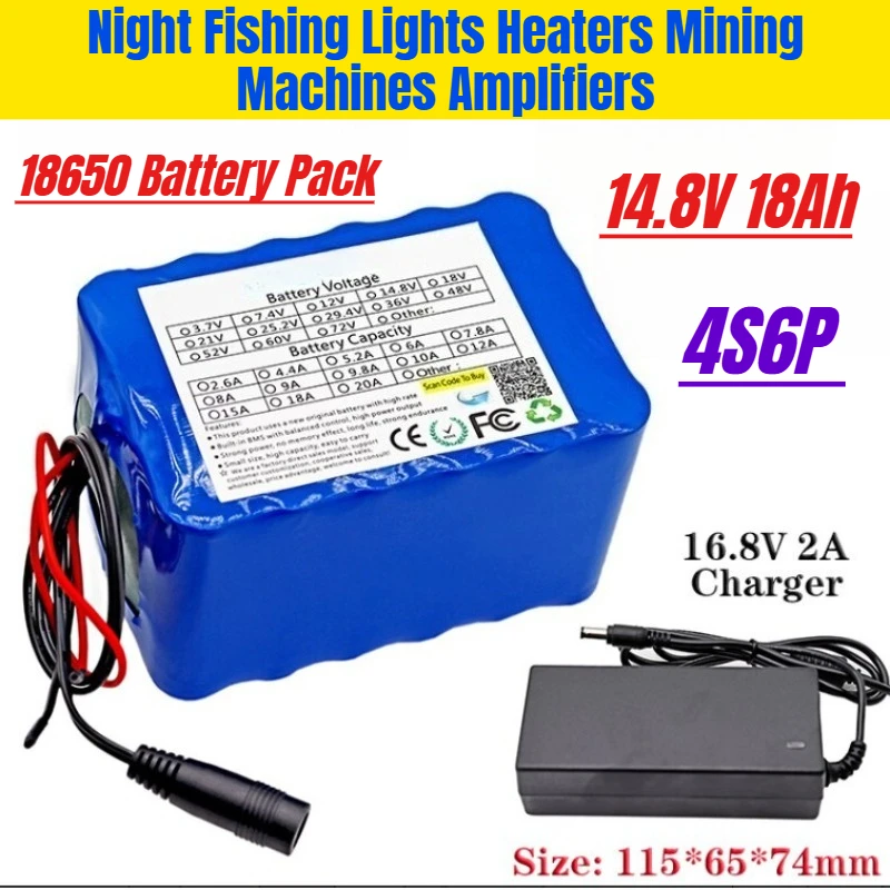 4S6P 18650 Battery Pack 14.8V 18Ah with BMS Night Fishing Lights Heaters Mining Machines Amplifiers
4S6P 18650 Battery Pack 14.8V 18Ah with BMS Night Fishing Lights Heaters Mining Machines Amplifiers