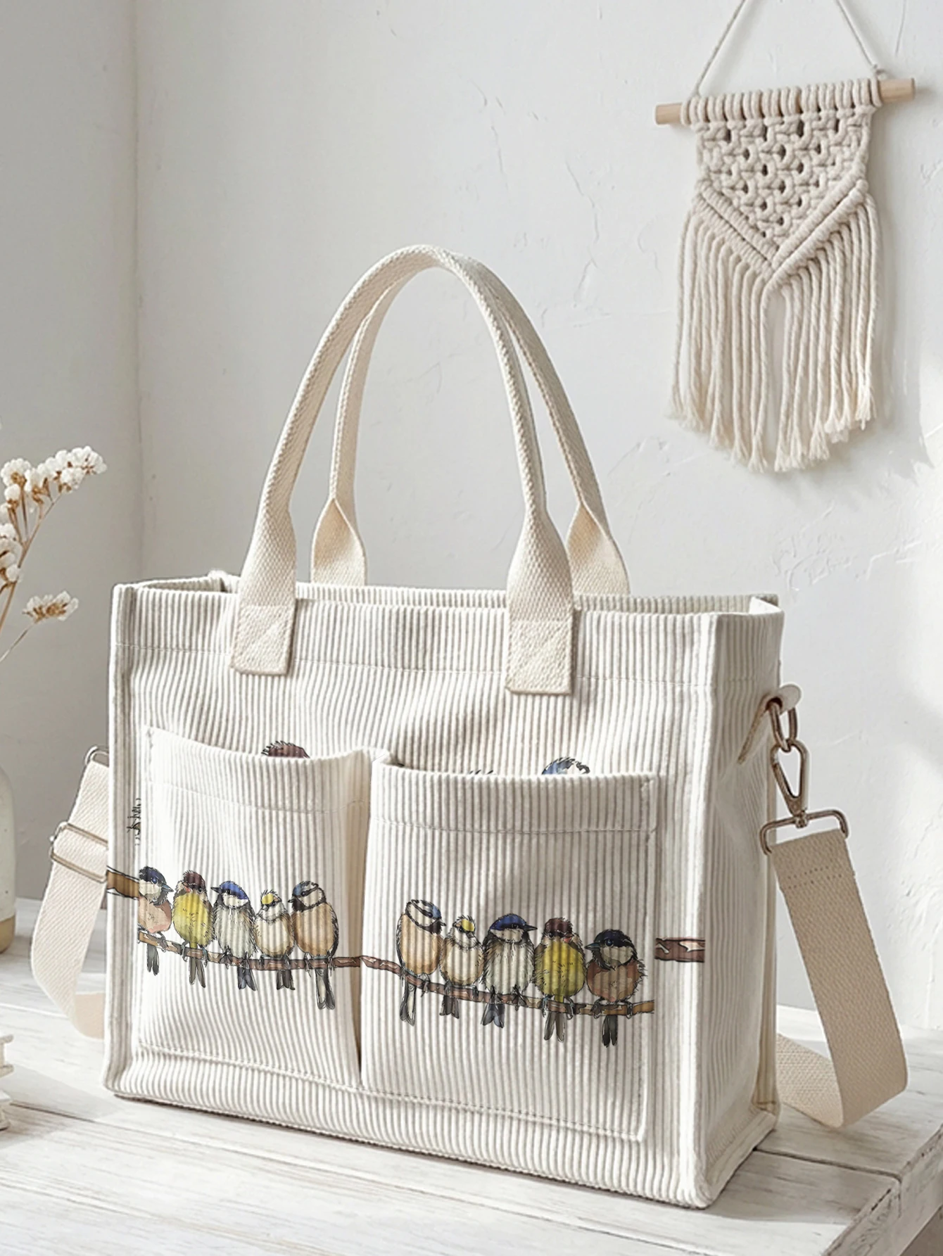 Cute Perched Little Birds Print Corduroy Tote Bag Large Capacity Multi Pocket Bird Lover Commuter Shoulder Bag
Cute Perched Little Birds Print Corduroy Tote Bag Large Capacity Multi Pocket Bird Lover Commuter Shoulder Bag