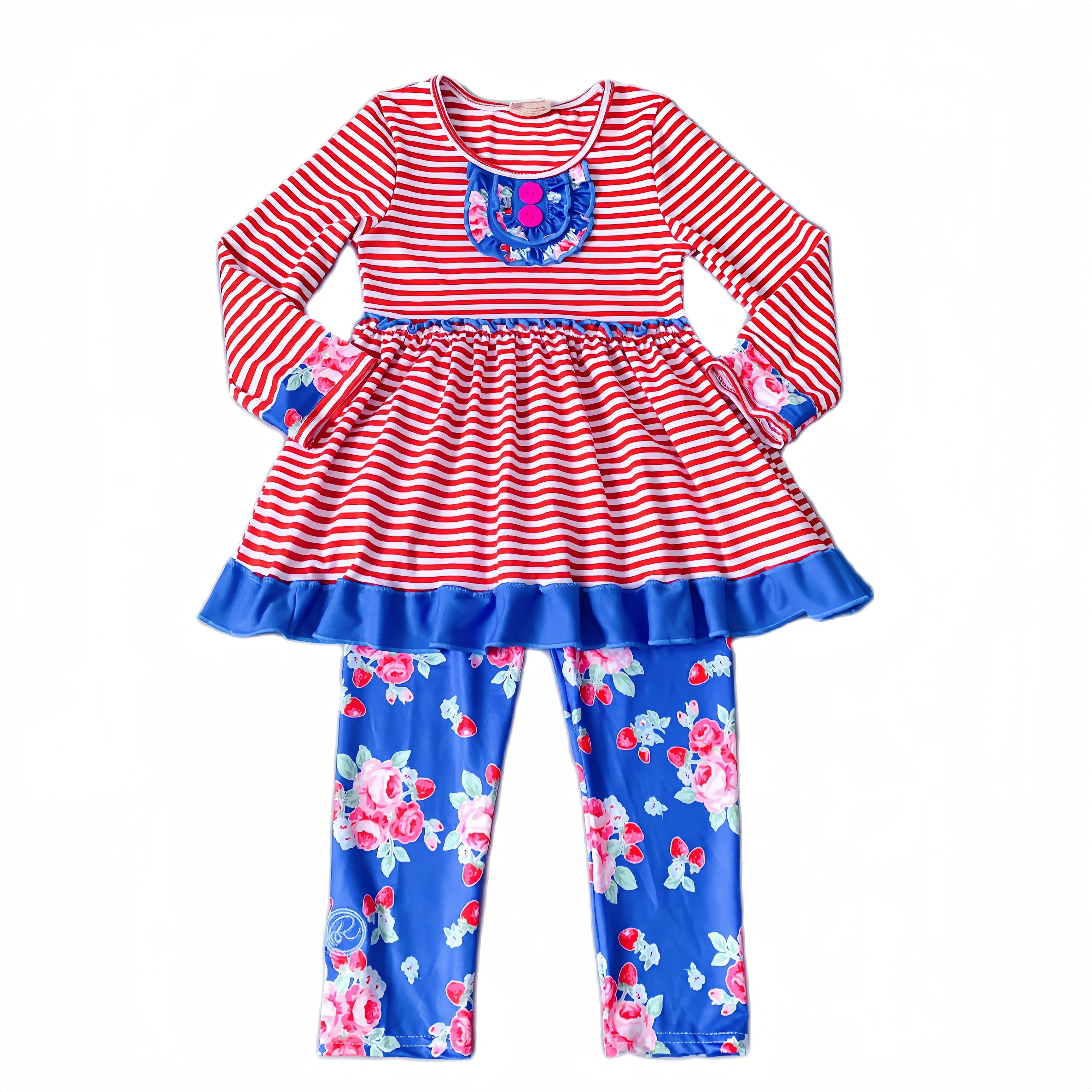 Spring/Winter Red Stripes Long Sleeve Knee-Length Dress and Blue Flower Pants Ruffle Stitching Baby Girls Outfits Sets
Spring/Winter Red Stripes Long Sleeve Knee-Length Dress and Blue Flower Pants Ruffle Stitching Baby Girls Outfits Sets