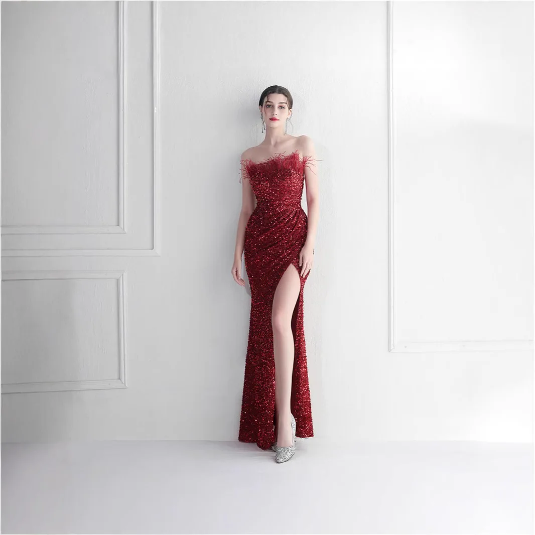 Новое вечернее платье без бретелей с пайетками для женщин, сексуальное платье с разрезом и юбкой-русалка, длинное платье для банкета и торжеств.
Новое вечернее платье без бретелей с пайетками для женщин, сексуальное платье с разрезом и юбкой-русалка, длинное платье для банкета и торжеств.