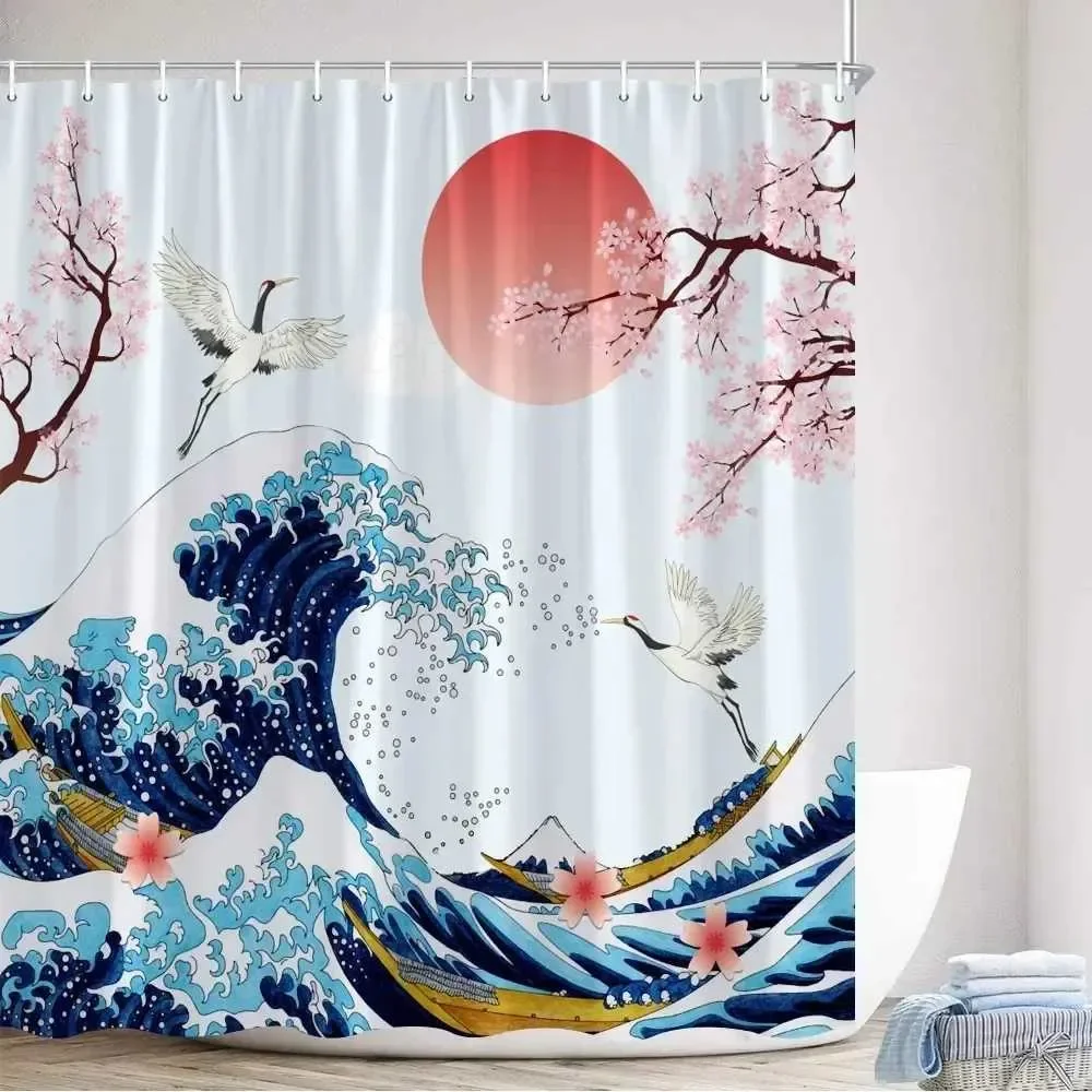 Japanese Ukiyo-e Print Shower Curtain, Ocean Wave & Cherry Blossom Design, Waterproof Polyester Bathroom Curtain with Hooks
Japanese Ukiyo-e Print Shower Curtain, Ocean Wave & Cherry Blossom Design, Waterproof Polyester Bathroom Curtain with Hooks