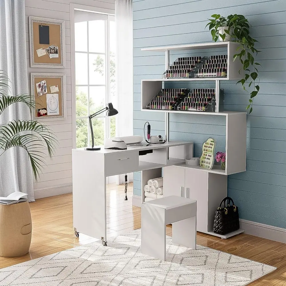 Rotating Nail Technician Station with Stool, Dust Collector, Wrist Cushions, Open Shelves, Lockable Wheels, Dual Cabinet Doors,
Rotating Nail Technician Station with Stool, Dust Collector, Wrist Cushions, Open Shelves, Lockable Wheels, Dual Cabinet Doors,