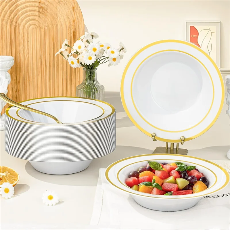 AS60-50 PCS 7.5Inch 12 Oz Disposable Soup Bowls With Gold Rim, Heavy-Duty Plastic Dessert Salad Bowls For Party,Wedding
AS60-50 PCS 7.5Inch 12 Oz Disposable Soup Bowls With Gold Rim, Heavy-Duty Plastic Dessert Salad Bowls For Party,Wedding