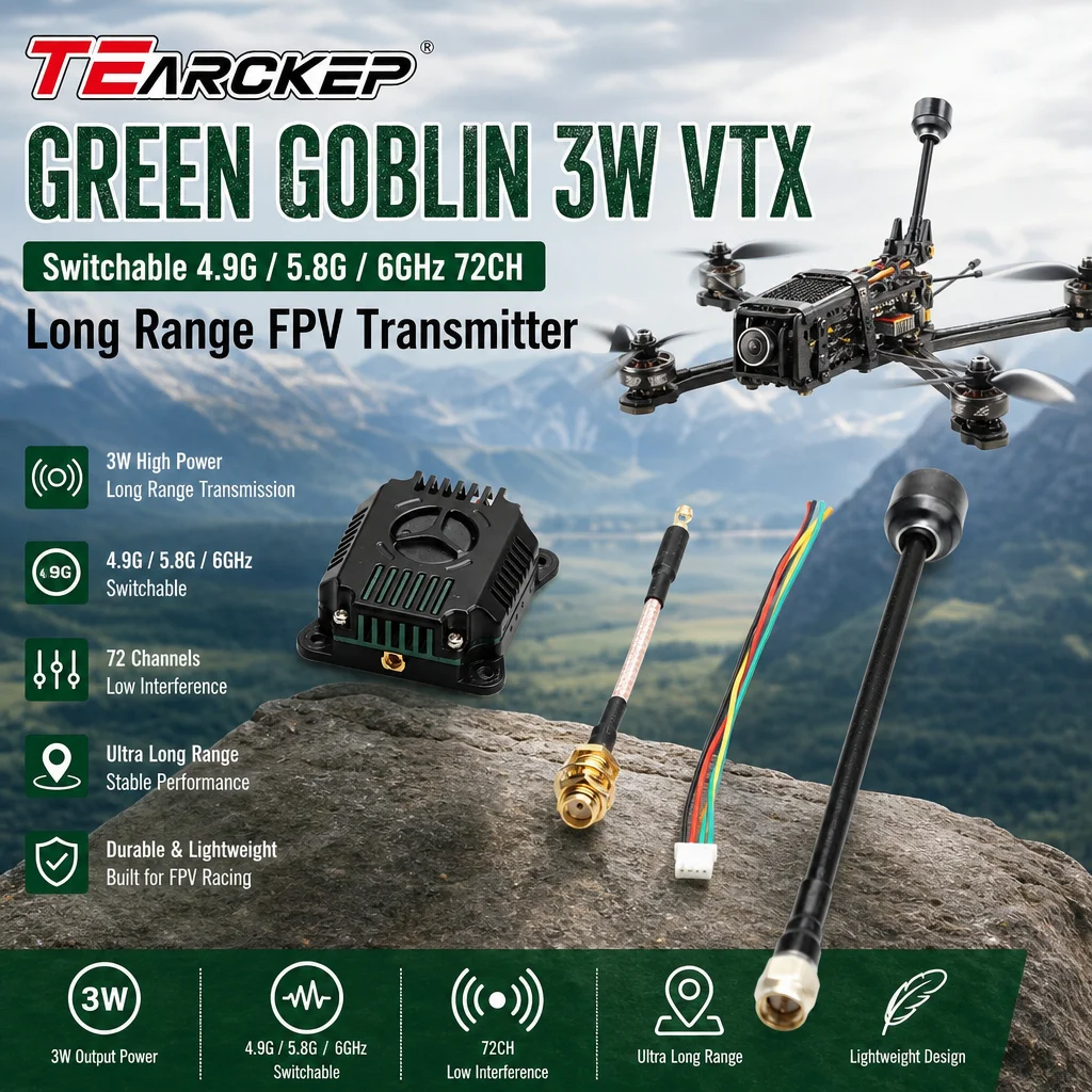 TEARCKEP Green Goblin 3W VTX Switchable 4.9G 5.8G 6GHz 72CH FPV Transmitter Long Range
TEARCKEP Green Goblin 3W VTX Switchable 4.9G 5.8G 6GHz 72CH FPV Transmitter Long Range