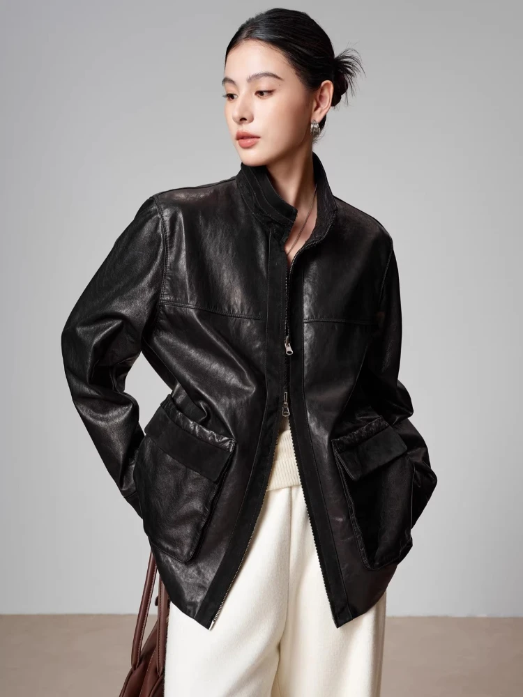 Casual Genuine Leather Jackets for Women Spring Autumn High-end Simple Stand Collar Loose Soft Oil Wax Black Real Goatskin Coat
Casual Genuine Leather Jackets for Women Spring Autumn High-end Simple Stand Collar Loose Soft Oil Wax Black Real Goatskin Coat
