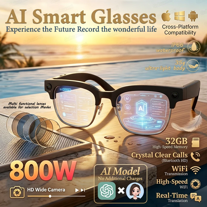 AI Real Time Translation Smart Glasses 1080P Camera Video Recorder Dual Mic Noise Canceling Bluetooth 3D Audio Sunglass 32G 2026
AI Real Time Translation Smart Glasses 1080P Camera Video Recorder Dual Mic Noise Canceling Bluetooth 3D Audio Sunglass 32G 2026