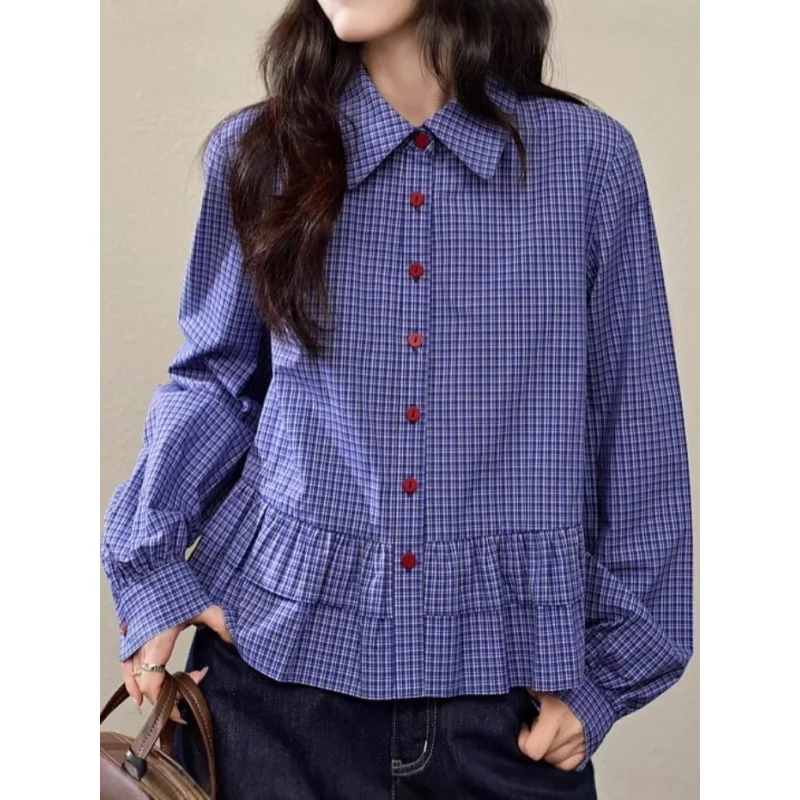 Blue Plaid Shirt Women2025Spring New Slimming Gentle Ruffled Long-Sleeved Shirt Top Short Autumn
Blue Plaid Shirt Women2025Spring New Slimming Gentle Ruffled Long-Sleeved Shirt Top Short Autumn