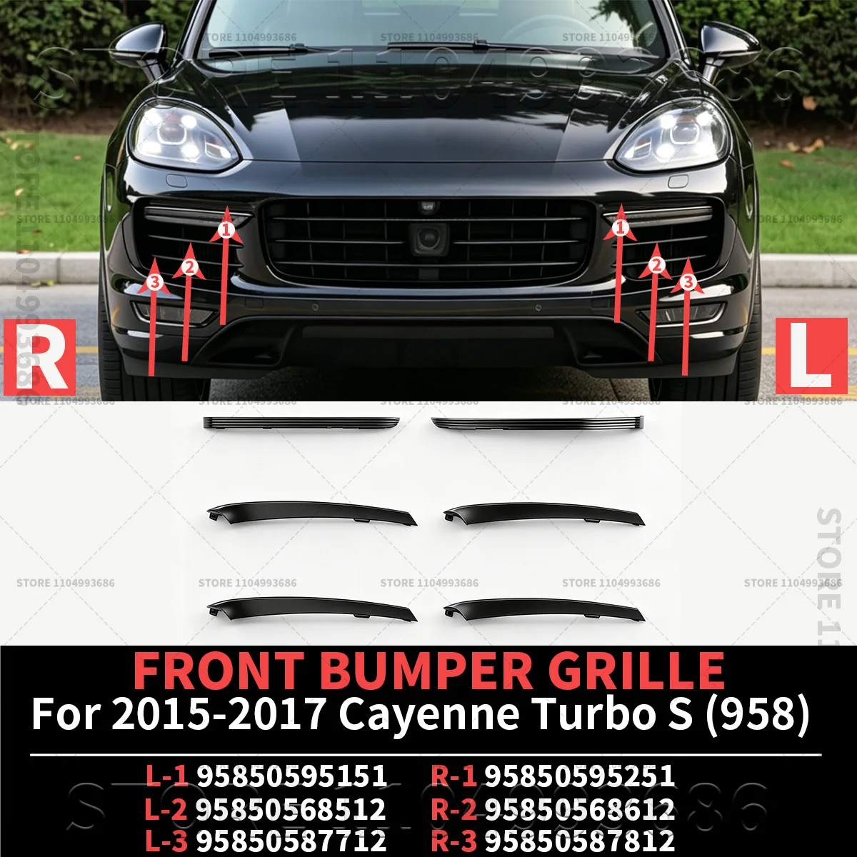 For Porsche Cayenne Turbo (958) Front Bumper Grilles OEM 95850568512 95850568612 95850587712 95850587812 95850595151 95850595251
For Porsche Cayenne Turbo (958) Front Bumper Grilles OEM 95850568512 95850568612 95850587712 95850587812 95850595151 95850595251