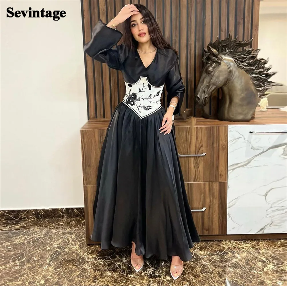 Sevintage Black Taffeta Saudi Arabic Prom Dress V-Neck Long Sleeves A Line Formal Evening Dress Women's Outfits Party Gowns 2023
Sevintage Black Taffeta Saudi Arabic Prom Dress V-Neck Long Sleeves A Line Formal Evening Dress Women's Outfits Party Gowns 2023