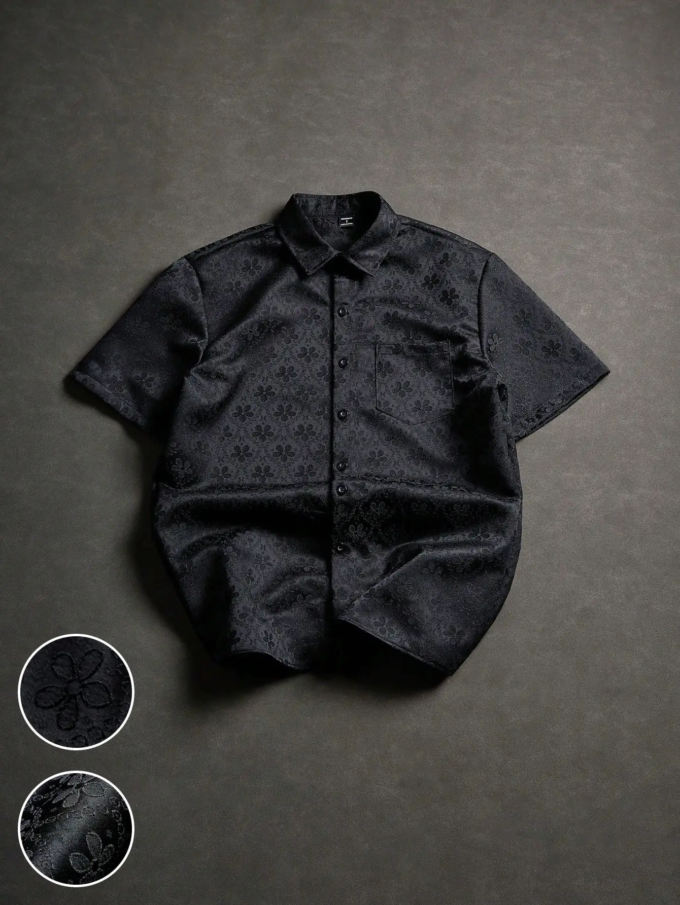 Men's Black Floral Jacquard Satin Short-Sleeve Button-Down Shirt, Casual Luxury Style
Men's Black Floral Jacquard Satin Short-Sleeve Button-Down Shirt, Casual Luxury Style