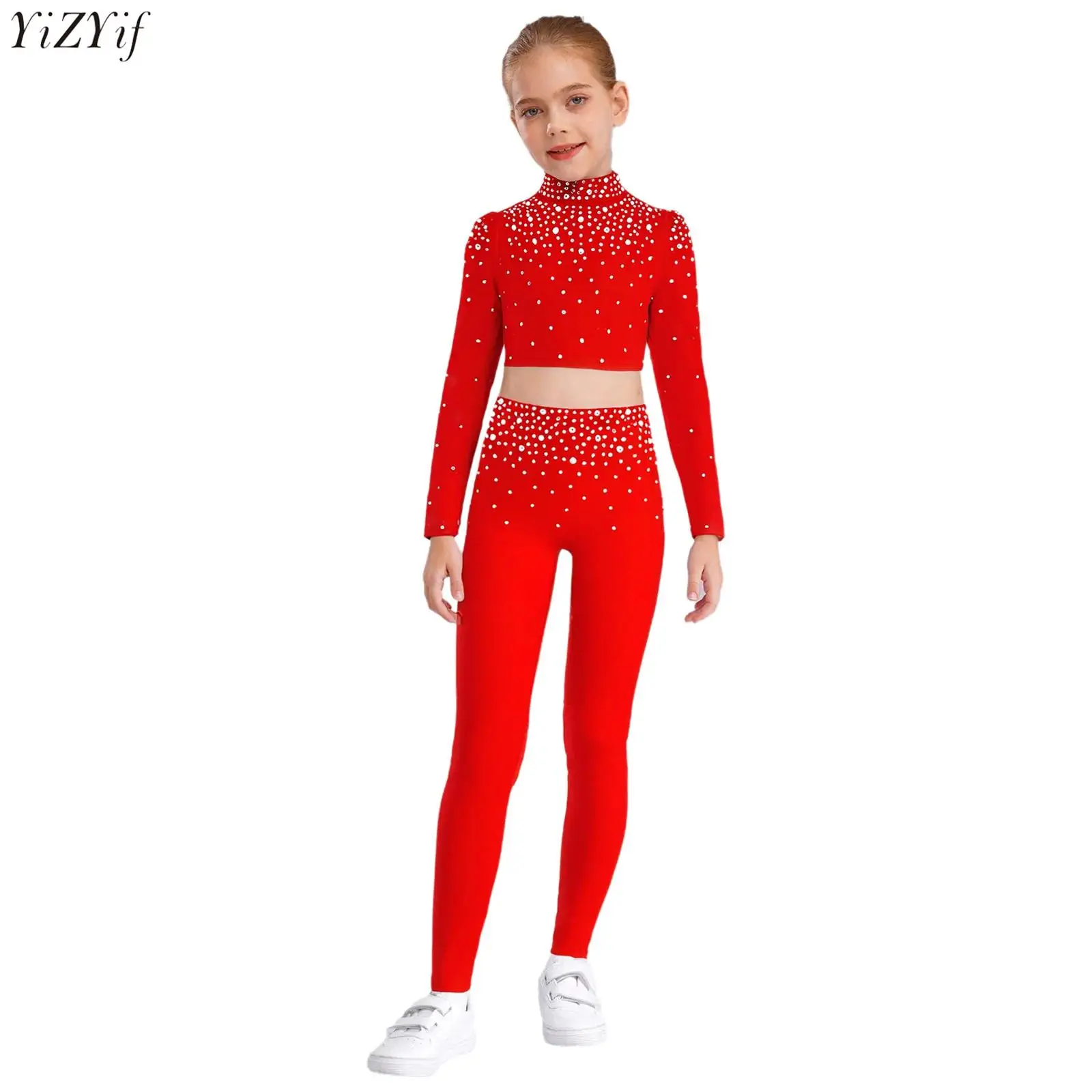 Kids Girls Gymnastics Ballet Costumes Sparkling Rhinestones Long Sleeve Keyhole Back Metallic Crop Top+Pants Jazz Dance Suit
Kids Girls Gymnastics Ballet Costumes Sparkling Rhinestones Long Sleeve Keyhole Back Metallic Crop Top+Pants Jazz Dance Suit