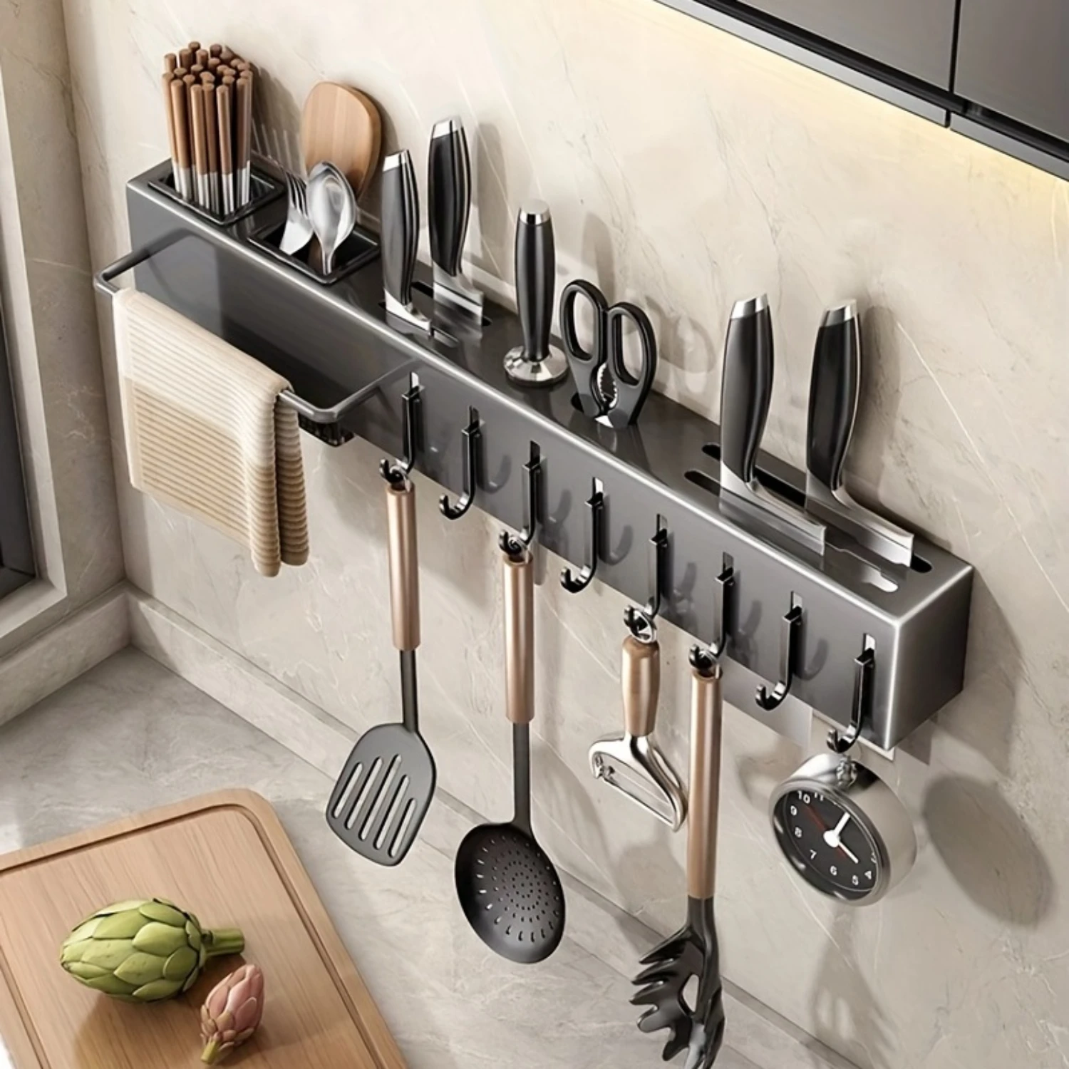 1pc Stainless Steel Block with Towel Rod and Hook - Wall Mounted Flatware Organizer with Chopsticks Cage - Flexible Wall Shelve
1pc Stainless Steel Block with Towel Rod and Hook - Wall Mounted Flatware Organizer with Chopsticks Cage - Flexible Wall Shelve