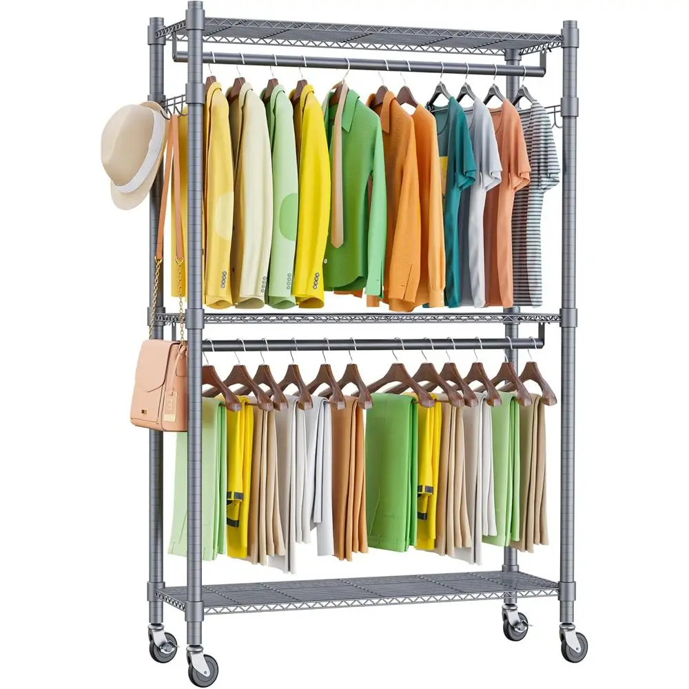 Double Rod Garment Rolling Rack with Lockable Wheels and Side Hooks, Gray
Double Rod Garment Rolling Rack with Lockable Wheels and Side Hooks, Gray