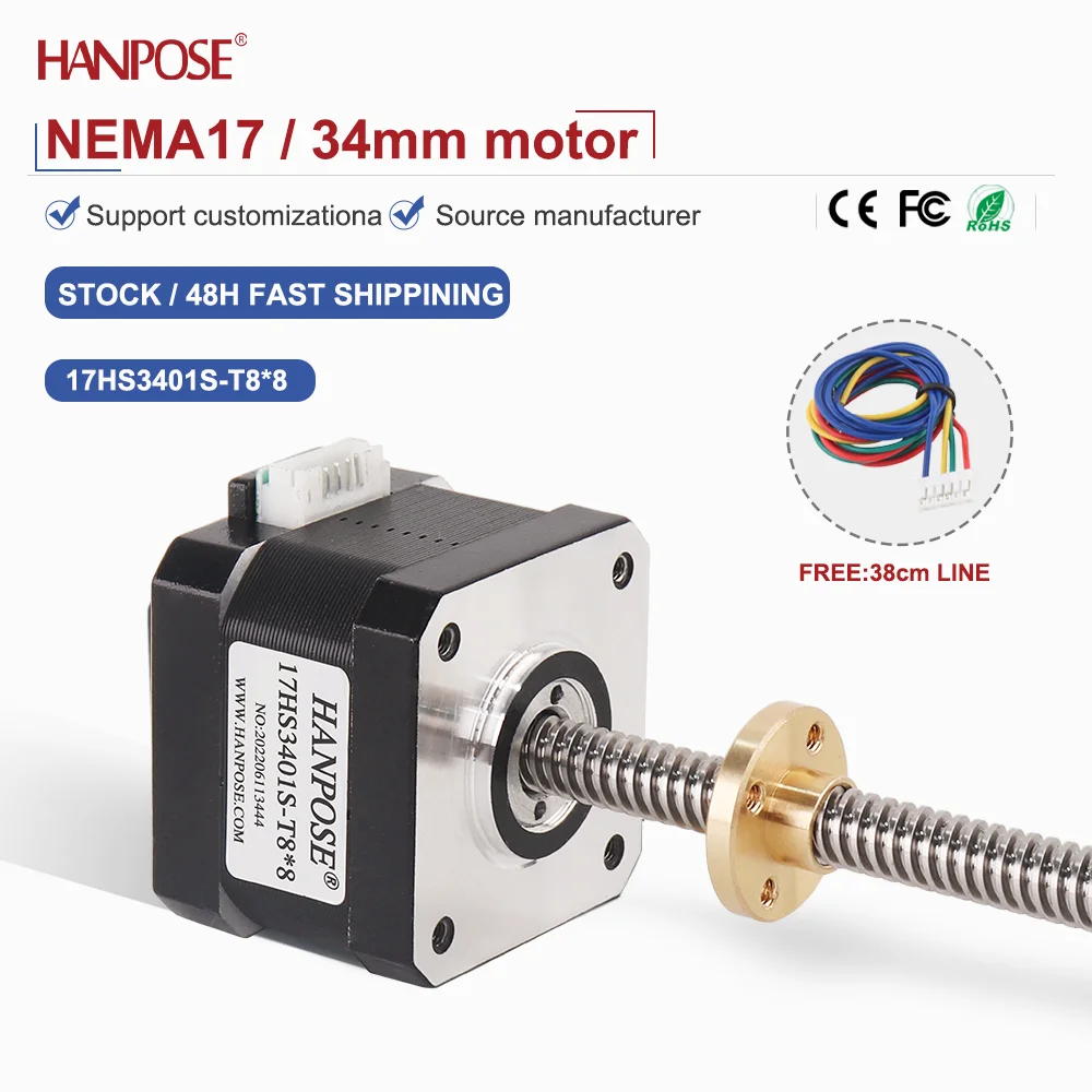 NEMA17 output screw stepper motor 17HS3401S-T8*8 100-400mm trapezoidal screw trapezoidal thread two-phase four wire
NEMA17 output screw stepper motor 17HS3401S-T8*8 100-400mm trapezoidal screw trapezoidal thread two-phase four wire