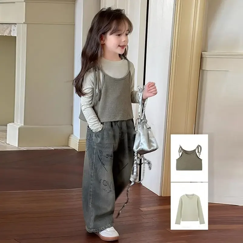 Strap Undershirt and Pants Set Girls Spring and Autumn New Childrens Fashion Strap Long Sleeve Wide Leg Pants 3-Piece Set
Strap Undershirt and Pants Set Girls Spring and Autumn New Childrens Fashion Strap Long Sleeve Wide Leg Pants 3-Piece Set