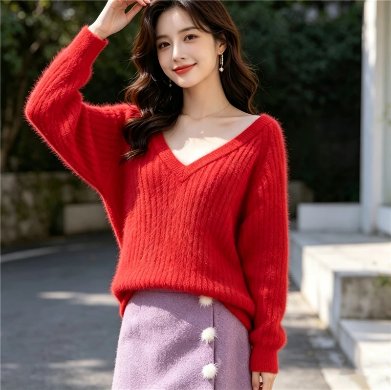 Women's Angora Mink Fur Sweater Red V-Neck Striped Long Sleeves Loose Fluffy Ribbed Knit Pullover Warm Casual Jumper Pull Tops
Women's Angora Mink Fur Sweater Red V-Neck Striped Long Sleeves Loose Fluffy Ribbed Knit Pullover Warm Casual Jumper Pull Tops