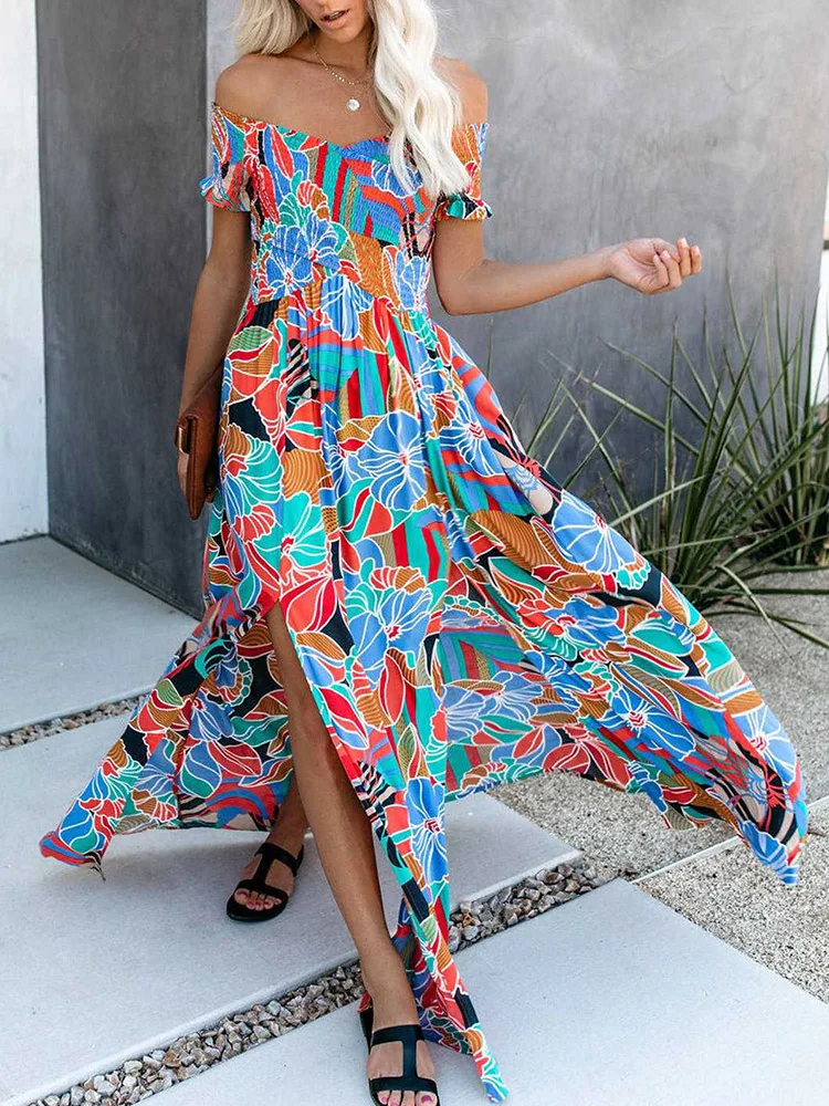 Elegant Women Hollow Out Casual Slash Neck Dress Female Print Short Sleeve Holiday Dress Summer Slim Bohemian Split Long Dresses 
Elegant Women Hollow Out Casual Slash Neck Dress Female Print Short Sleeve Holiday Dress Summer Slim Bohemian Split Long Dresses