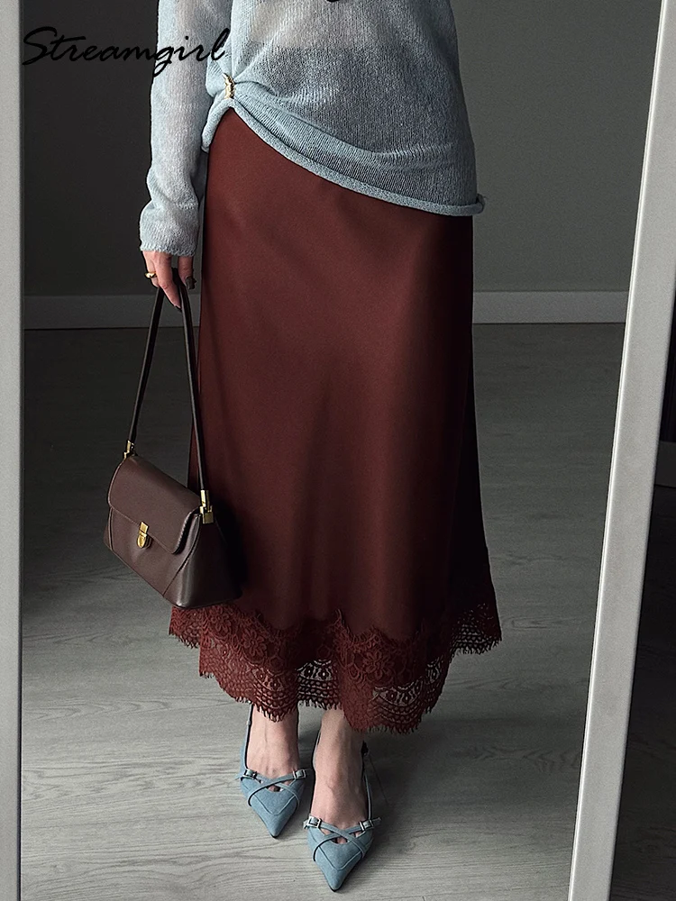 Streamgirl Summer Brown Satin Skirts For Women Long Luxury Bodycon Black Satin Silk Skirt With Lace Lady Office Maxi Skirt Lace
Streamgirl Summer Brown Satin Skirts For Women Long Luxury Bodycon Black Satin Silk Skirt With Lace Lady Office Maxi Skirt Lace