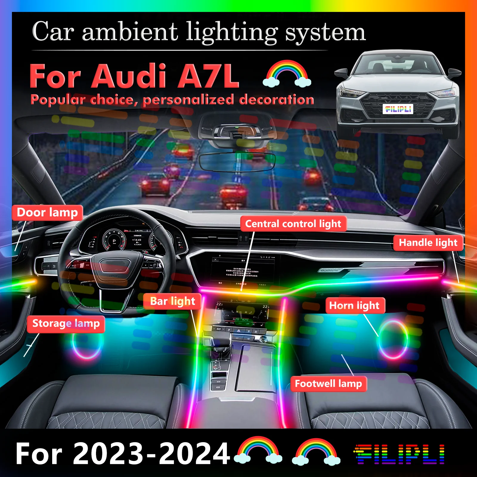 For Audi A7L Car Interior Mood Light RGB 64-Color LED Rainbow Acrylic Strip Smart Remote Control Atmosphere Lamp Energy Saving
For Audi A7L Car Interior Mood Light RGB 64-Color LED Rainbow Acrylic Strip Smart Remote Control Atmosphere Lamp Energy Saving